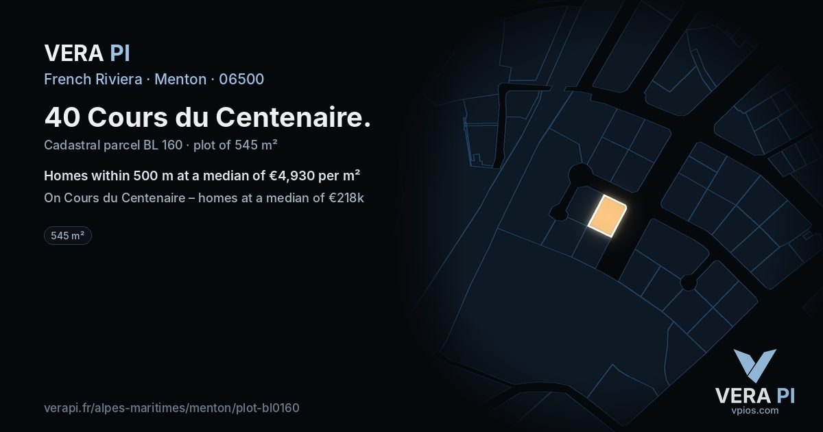 40 Cours du Centenaire, Menton at night – the plot lit, the parcels around coloured by the prices near them