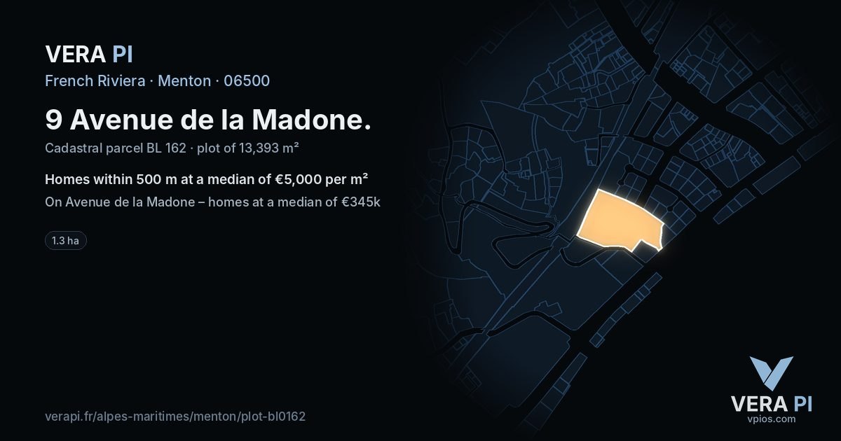 9 Avenue de la Madone, Menton at night – the plot lit, the parcels around coloured by the prices near them