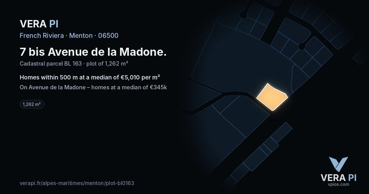 7 bis Avenue de la Madone, Menton at night – the plot lit, the parcels around coloured by the prices near them