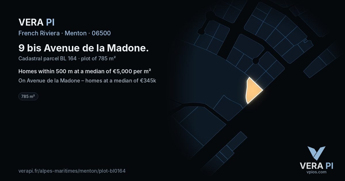 9 bis Avenue de la Madone, Menton at night – the plot lit, the parcels around coloured by the prices near them