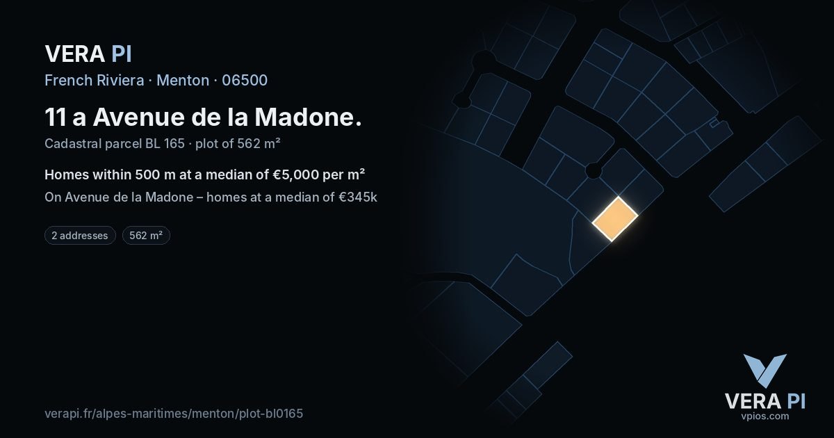11 a Avenue de la Madone, Menton at night – the plot lit, the parcels around coloured by the prices near them
