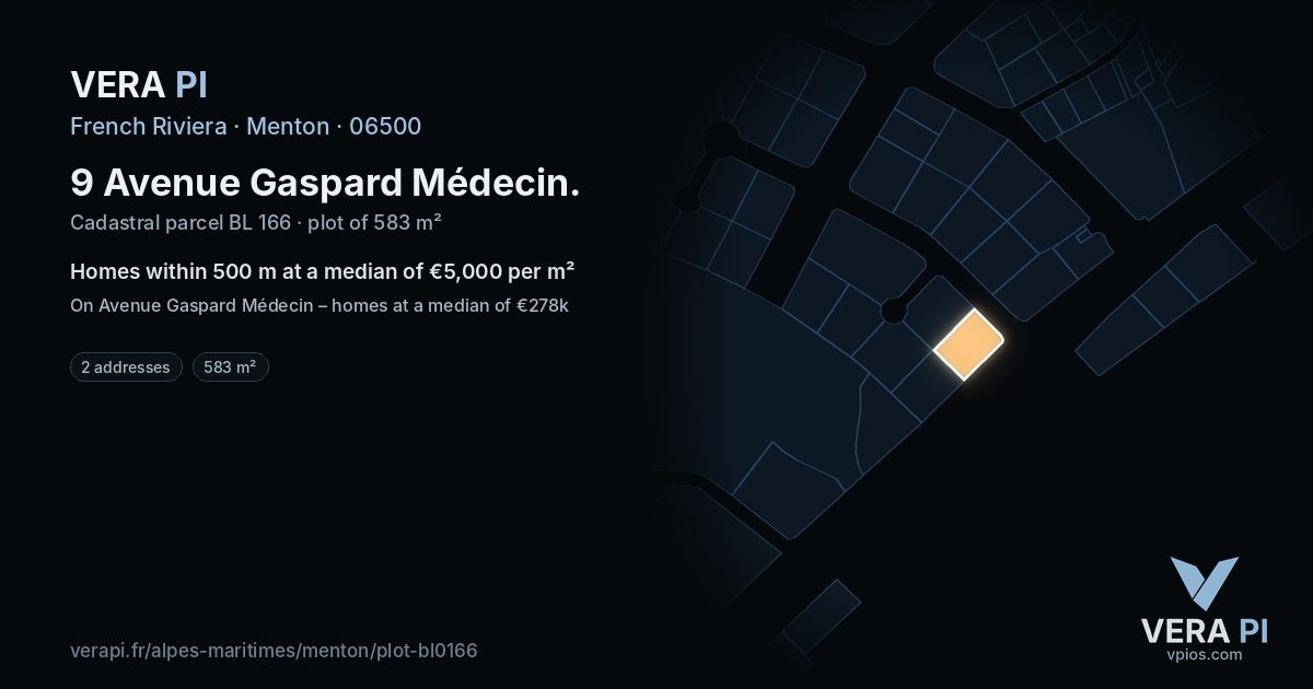 9 Avenue Gaspard Médecin, Menton at night – the plot lit, the parcels around coloured by the prices near them