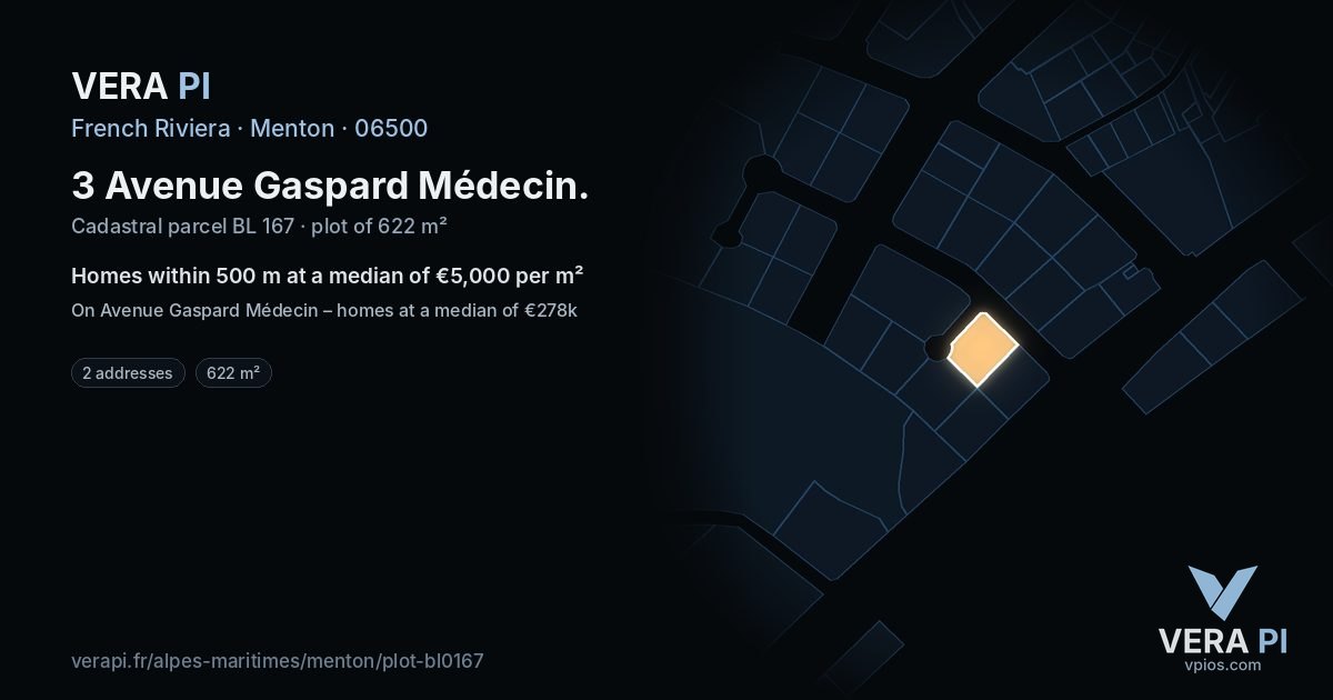 3 Avenue Gaspard Médecin, Menton at night – the plot lit, the parcels around coloured by the prices near them
