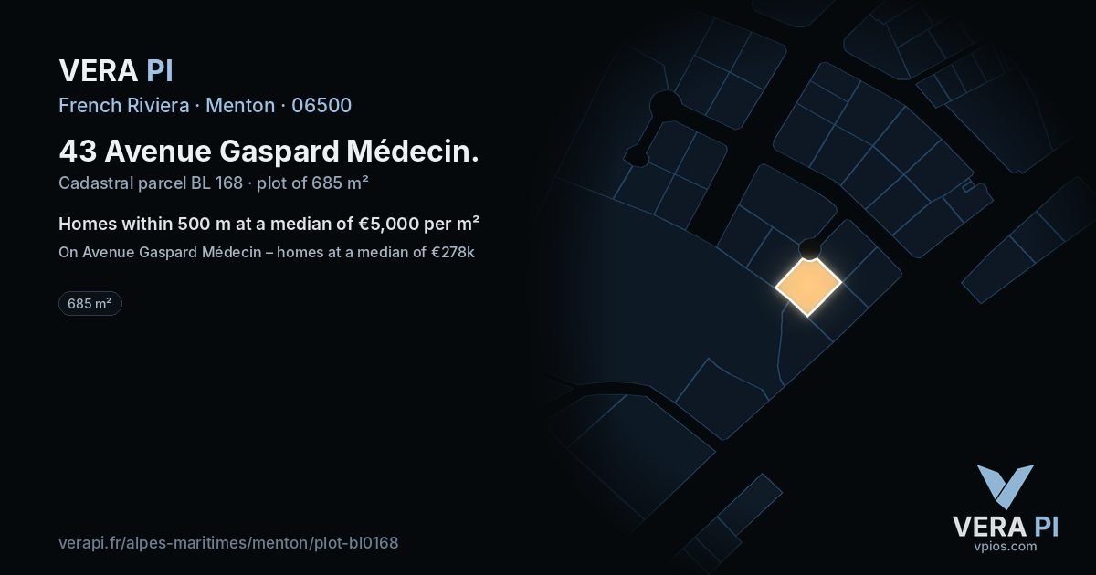 43 Avenue Gaspard Médecin, Menton at night – the plot lit, the parcels around coloured by the prices near them