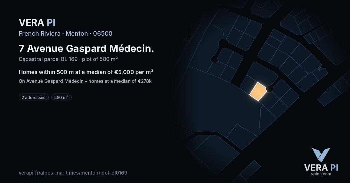 7 Avenue Gaspard Médecin, Menton at night – the plot lit, the parcels around coloured by the prices near them