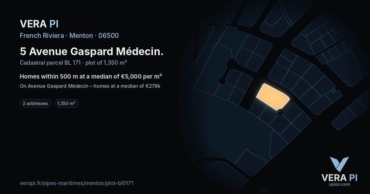5 Avenue Gaspard Médecin, Menton at night – the plot lit, the parcels around coloured by the prices near them