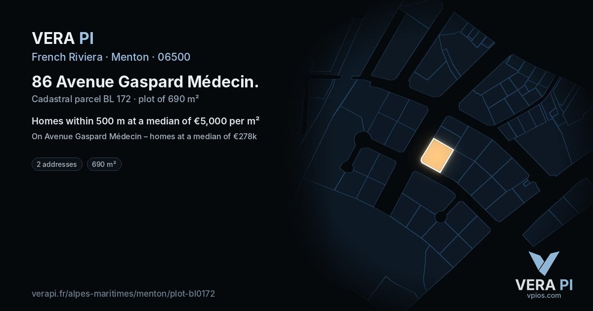 86 Avenue Gaspard Médecin, Menton at night – the plot lit, the parcels around coloured by the prices near them