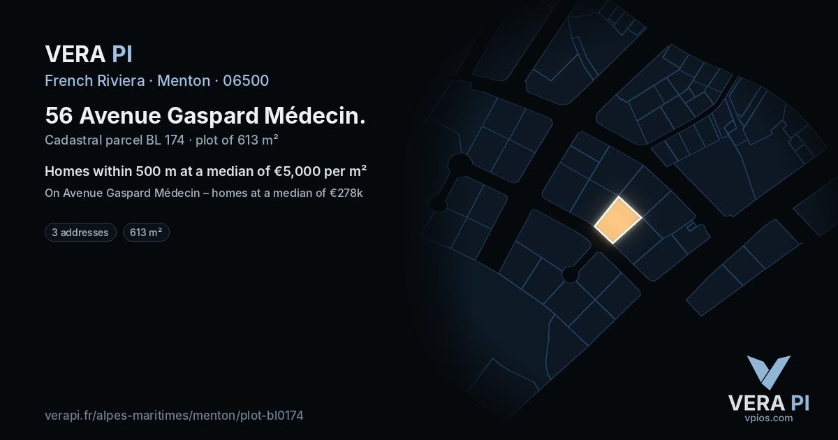 56 Avenue Gaspard Médecin, Menton at night – the plot lit, the parcels around coloured by the prices near them