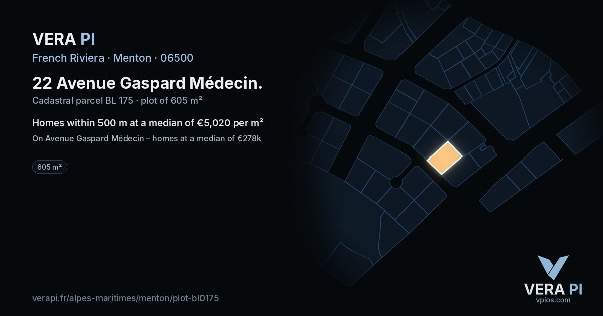 22 Avenue Gaspard Médecin, Menton at night – the plot lit, the parcels around coloured by the prices near them