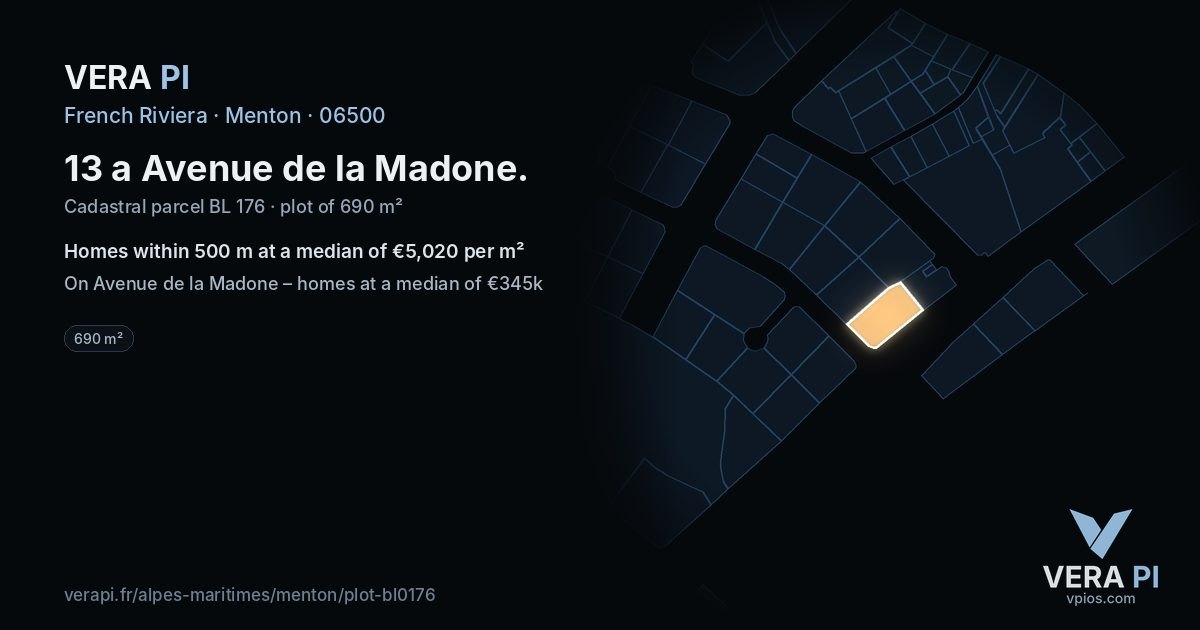 13 a Avenue de la Madone, Menton at night – the plot lit, the parcels around coloured by the prices near them