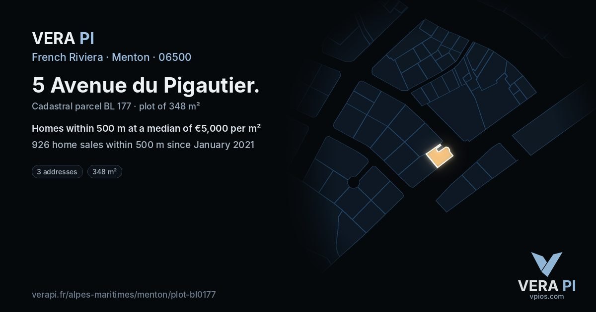 5 Avenue du Pigautier, Menton at night – the plot lit, the parcels around coloured by the prices near them