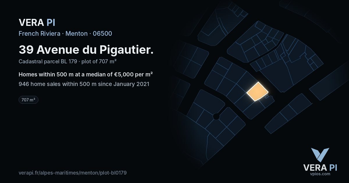 39 Avenue du Pigautier, Menton at night – the plot lit, the parcels around coloured by the prices near them