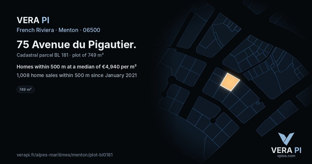 75 Avenue du Pigautier, Menton at night – the plot lit, the parcels around coloured by the prices near them