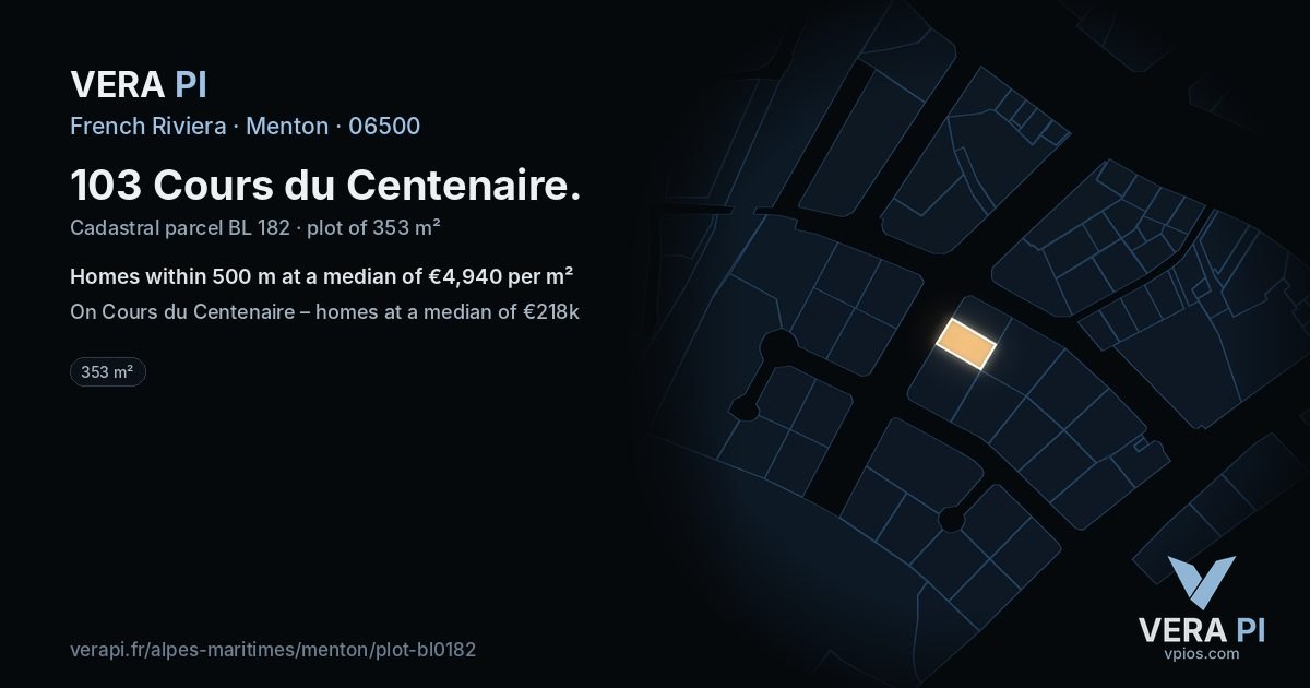103 Cours du Centenaire, Menton at night – the plot lit, the parcels around coloured by the prices near them