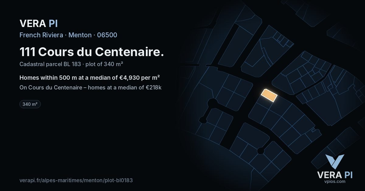 111 Cours du Centenaire, Menton at night – the plot lit, the parcels around coloured by the prices near them