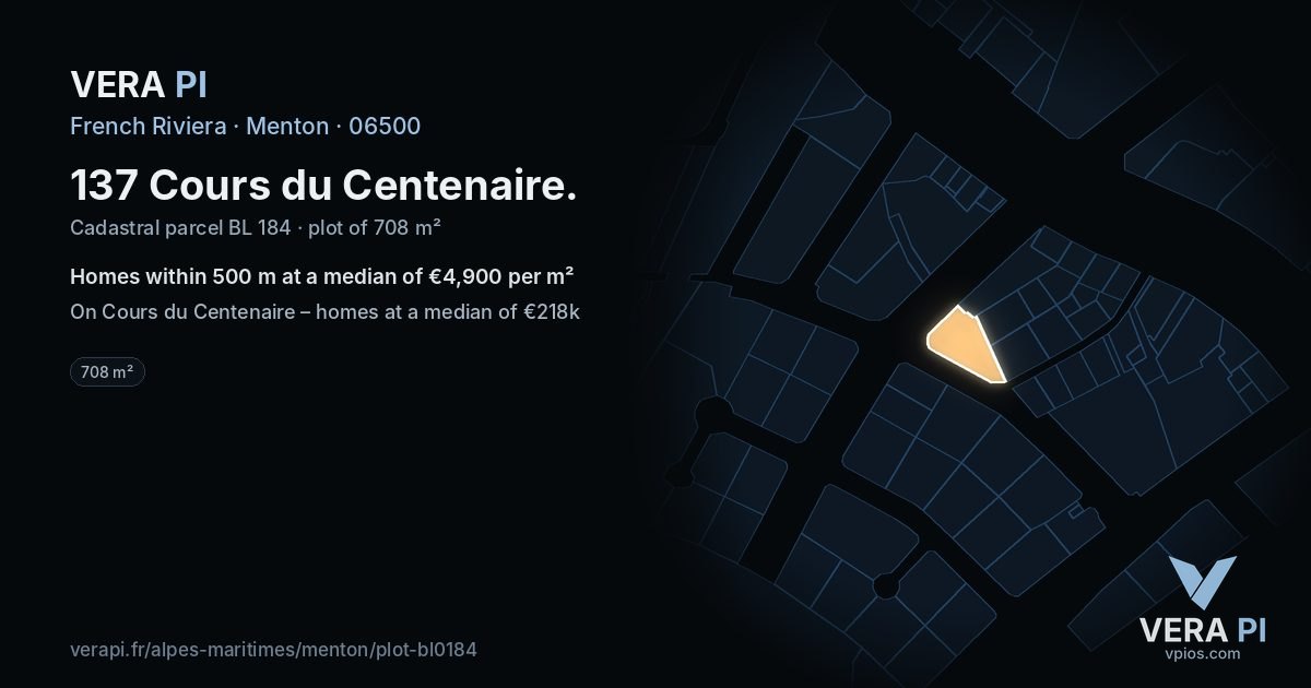 137 Cours du Centenaire, Menton at night – the plot lit, the parcels around coloured by the prices near them
