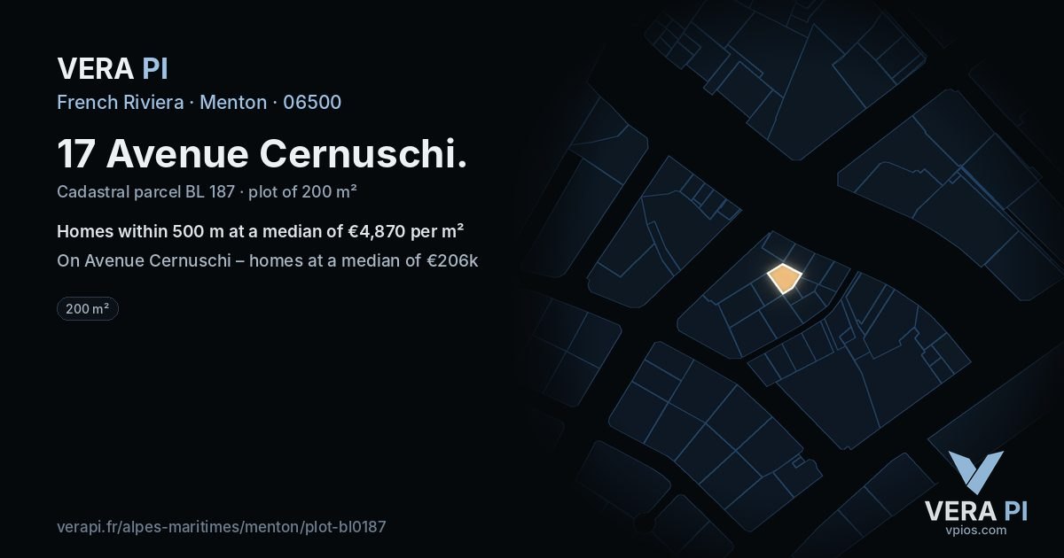17 Avenue Cernuschi, Menton at night – the plot lit, the parcels around coloured by the prices near them