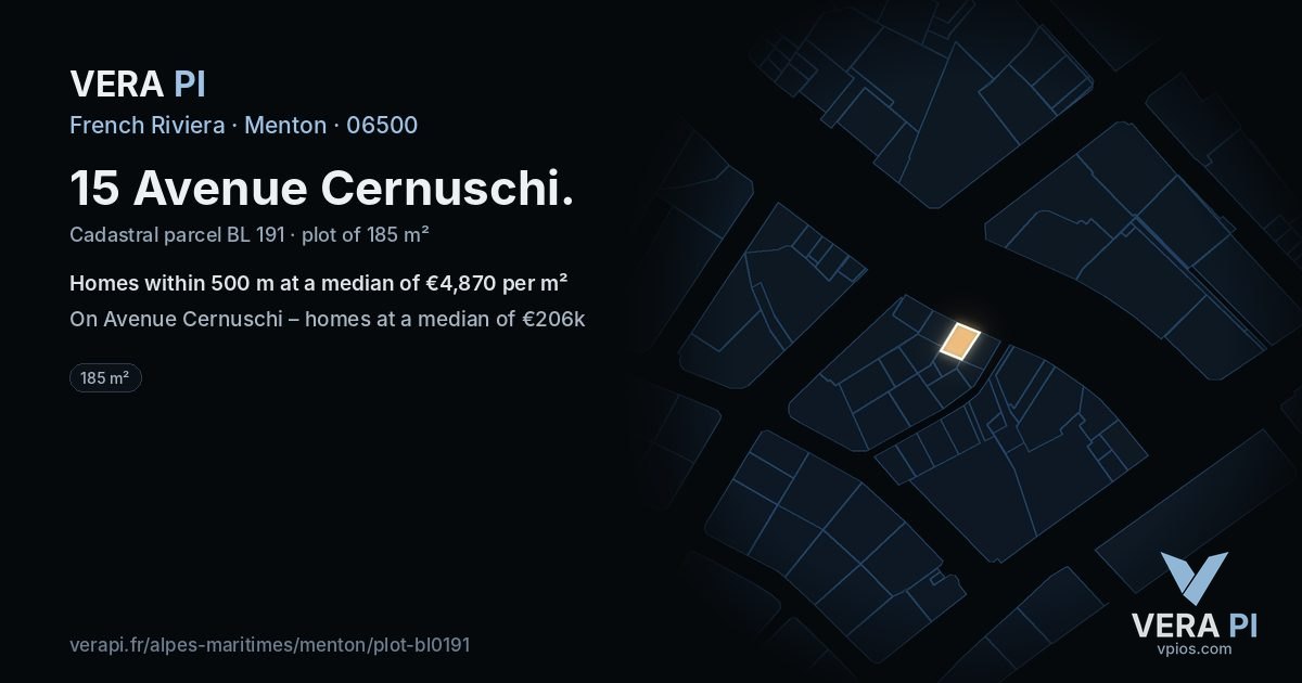 15 Avenue Cernuschi, Menton at night – the plot lit, the parcels around coloured by the prices near them