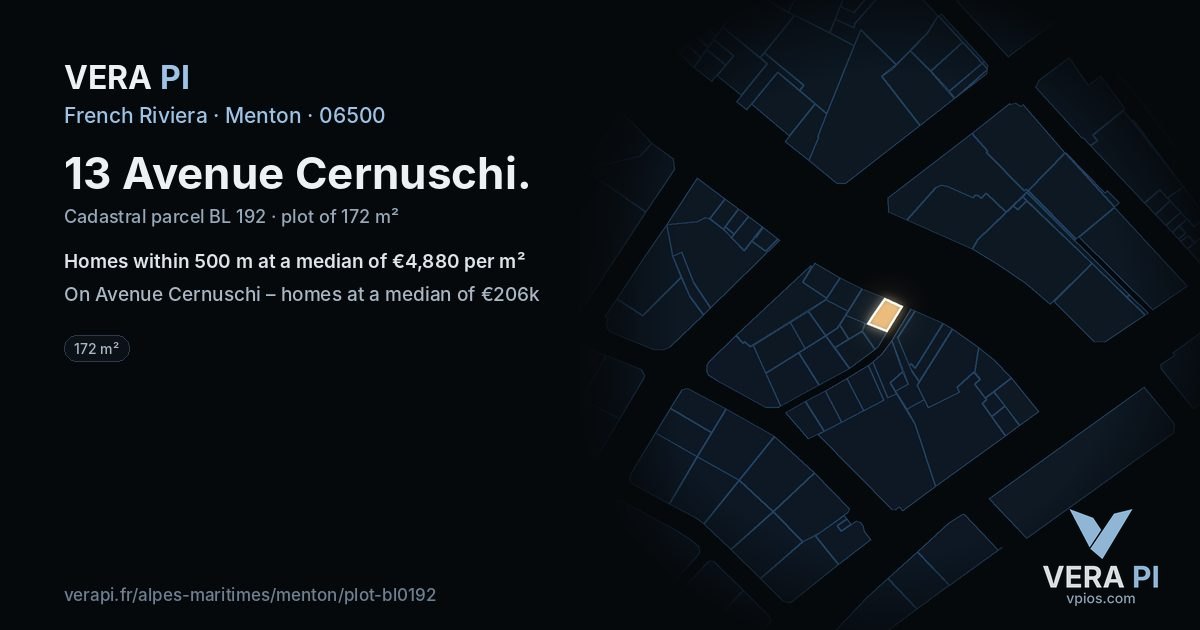 13 Avenue Cernuschi, Menton at night – the plot lit, the parcels around coloured by the prices near them