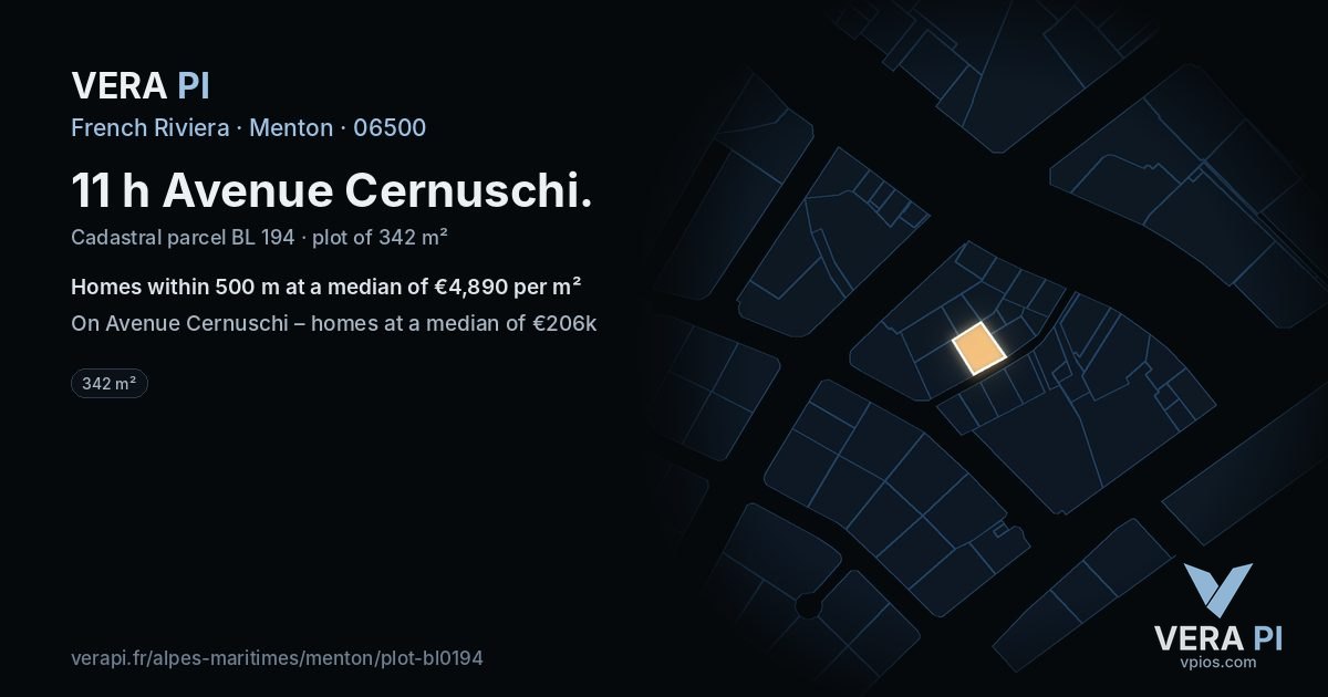 11 h Avenue Cernuschi, Menton at night – the plot lit, the parcels around coloured by the prices near them