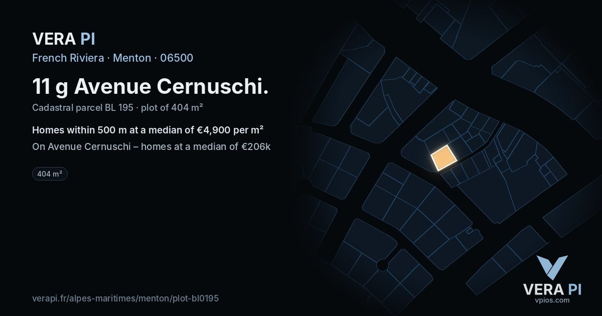 11 g Avenue Cernuschi, Menton at night – the plot lit, the parcels around coloured by the prices near them