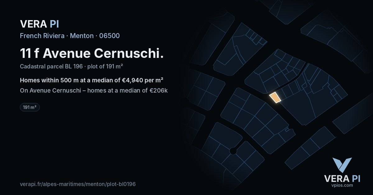 11 f Avenue Cernuschi, Menton at night – the plot lit, the parcels around coloured by the prices near them