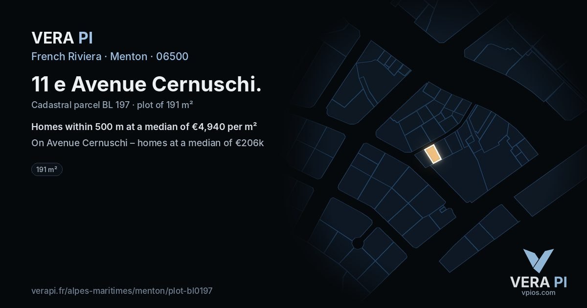11 e Avenue Cernuschi, Menton at night – the plot lit, the parcels around coloured by the prices near them