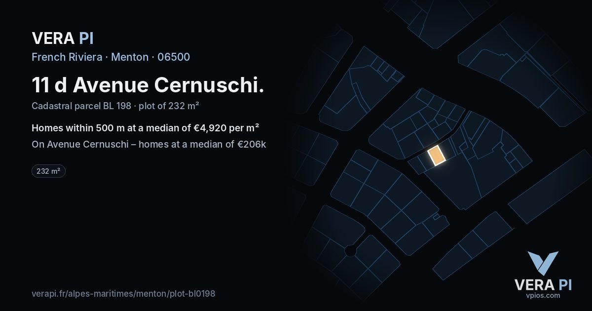 11 d Avenue Cernuschi, Menton at night – the plot lit, the parcels around coloured by the prices near them
