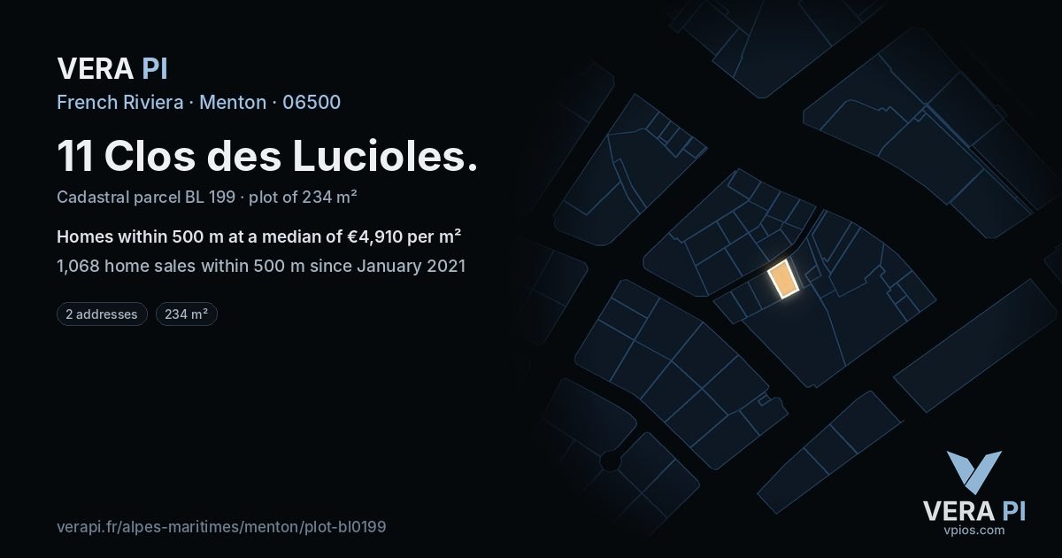 11 Clos des Lucioles, Menton at night – the plot lit, the parcels around coloured by the prices near them