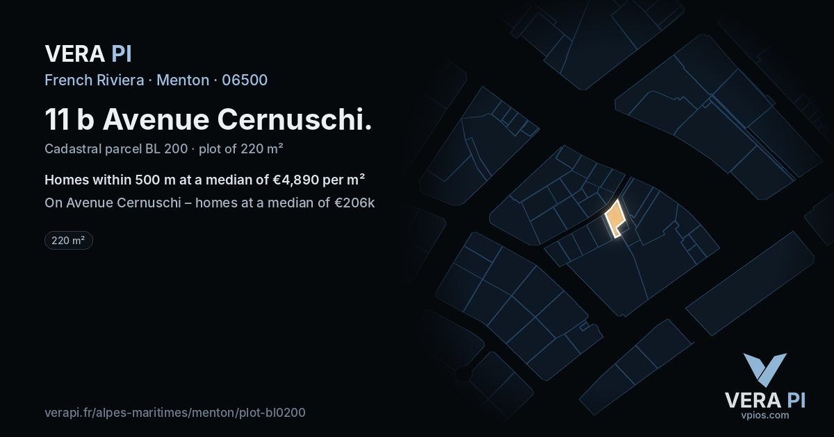 11 b Avenue Cernuschi, Menton at night – the plot lit, the parcels around coloured by the prices near them
