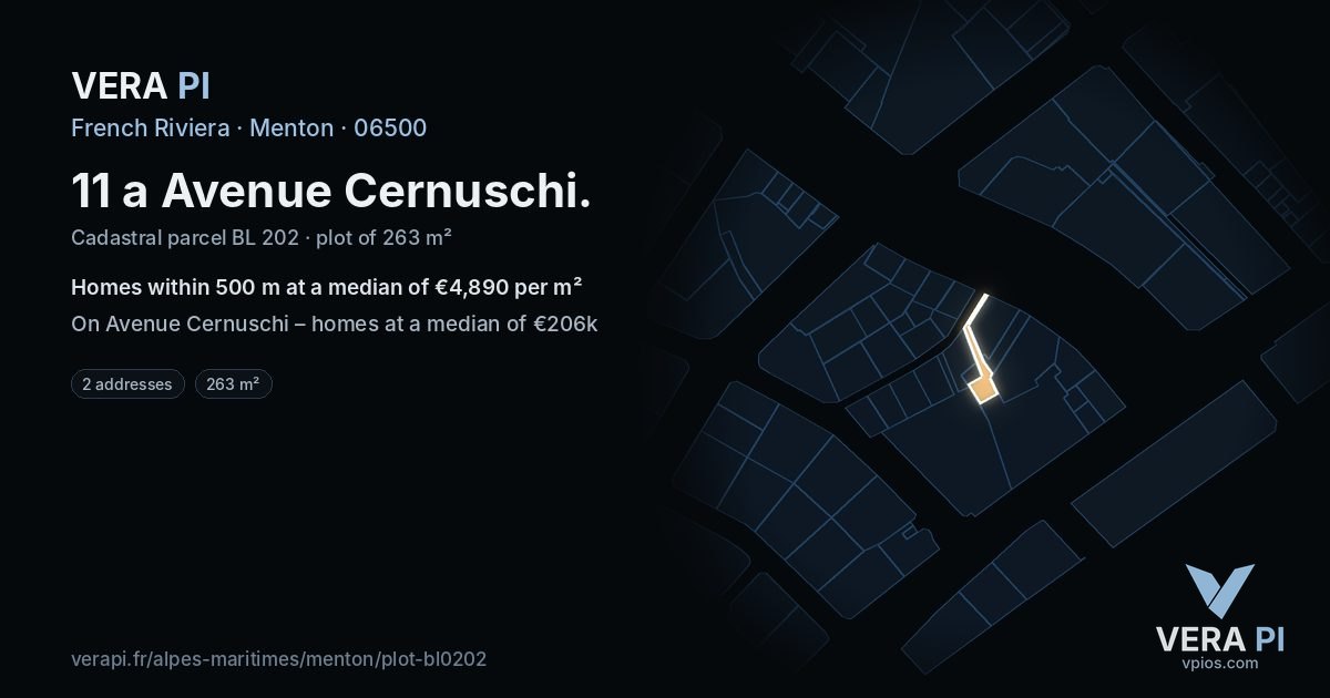11 a Avenue Cernuschi, Menton at night – the plot lit, the parcels around coloured by the prices near them