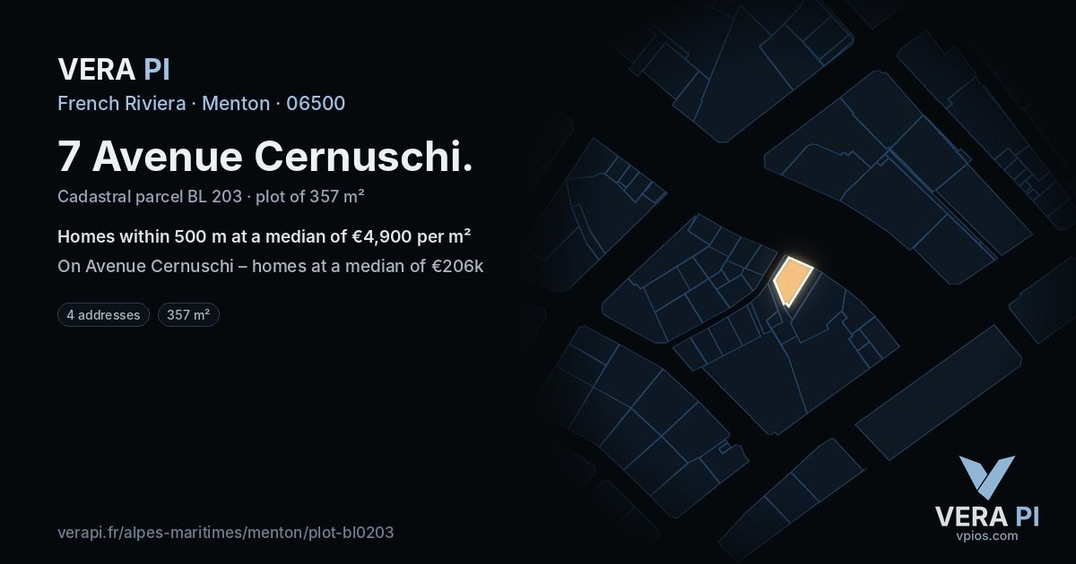 7 Avenue Cernuschi, Menton at night – the plot lit, the parcels around coloured by the prices near them