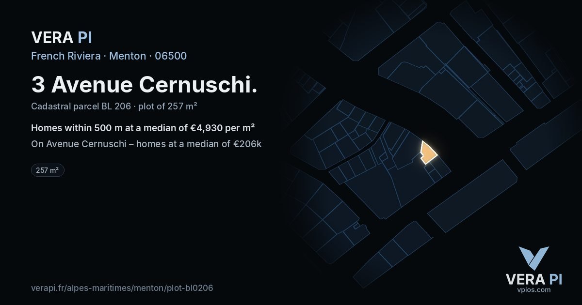 3 Avenue Cernuschi, Menton at night – the plot lit, the parcels around coloured by the prices near them