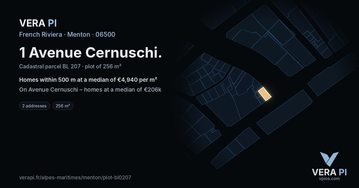 1 Avenue Cernuschi, Menton at night – the plot lit, the parcels around coloured by the prices near them