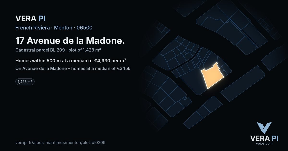 17 Avenue de la Madone, Menton at night – the plot lit, the parcels around coloured by the prices near them