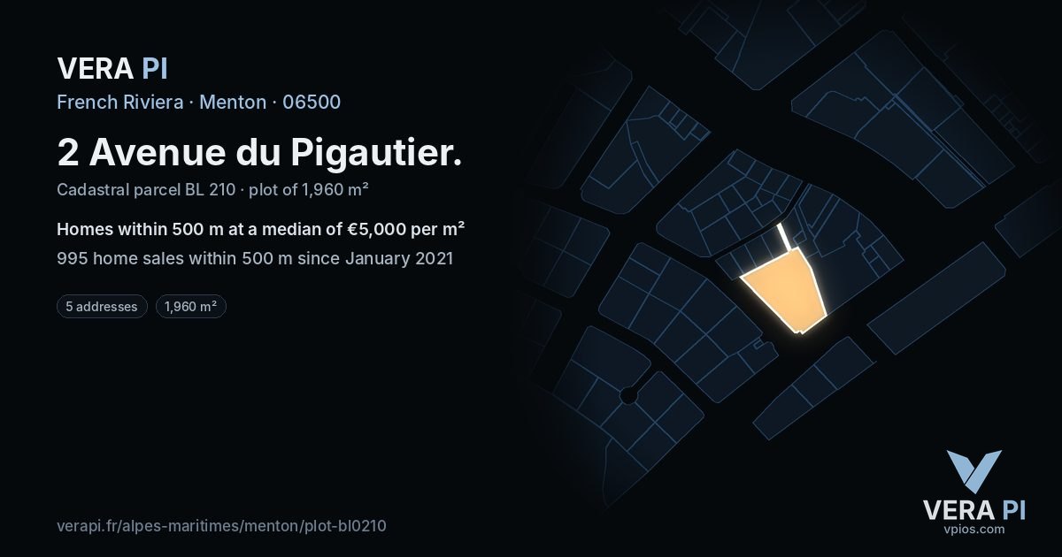 2 Avenue du Pigautier, Menton at night – the plot lit, the parcels around coloured by the prices near them