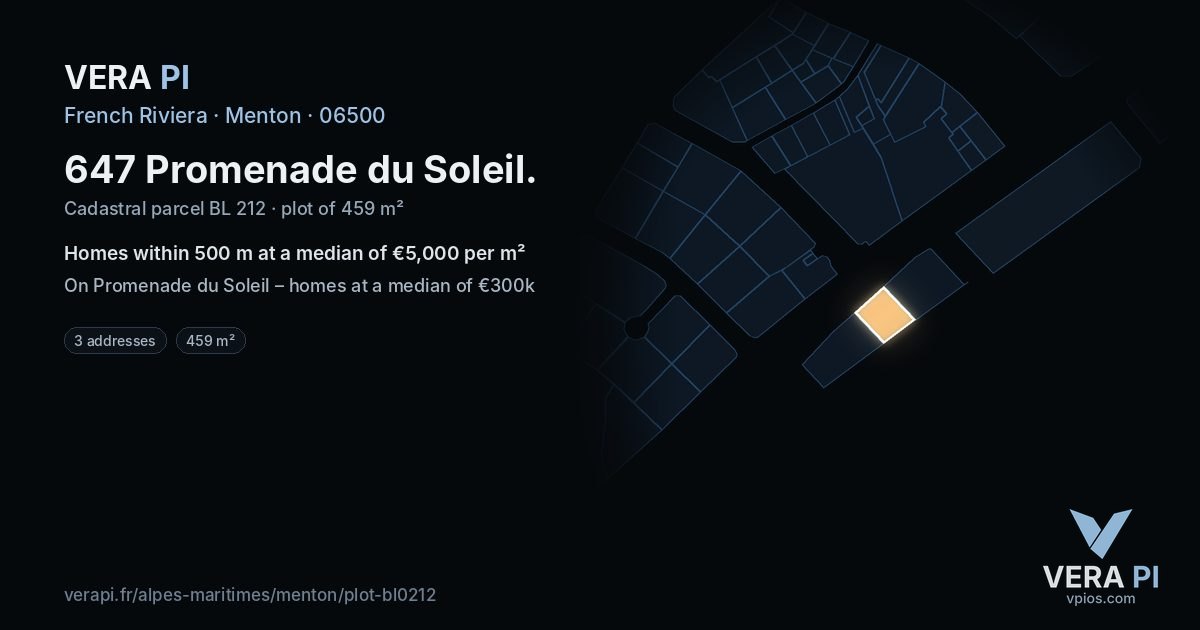 647 Promenade du Soleil, Menton at night – the plot lit, the parcels around coloured by the prices near them