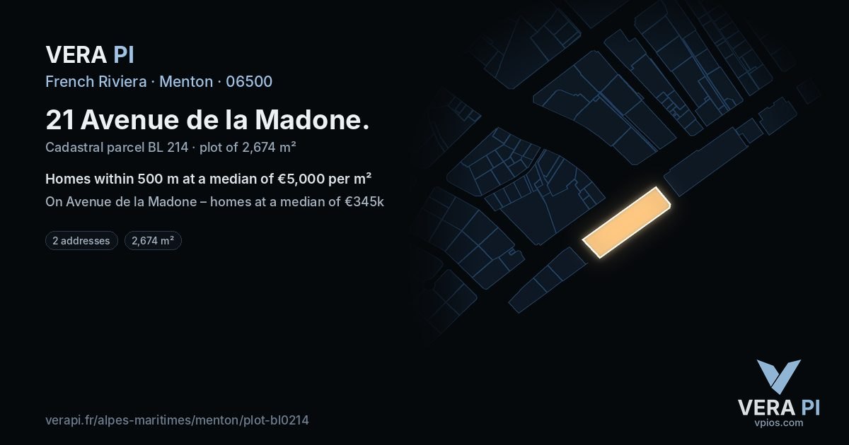 21 Avenue de la Madone, Menton at night – the plot lit, the parcels around coloured by the prices near them