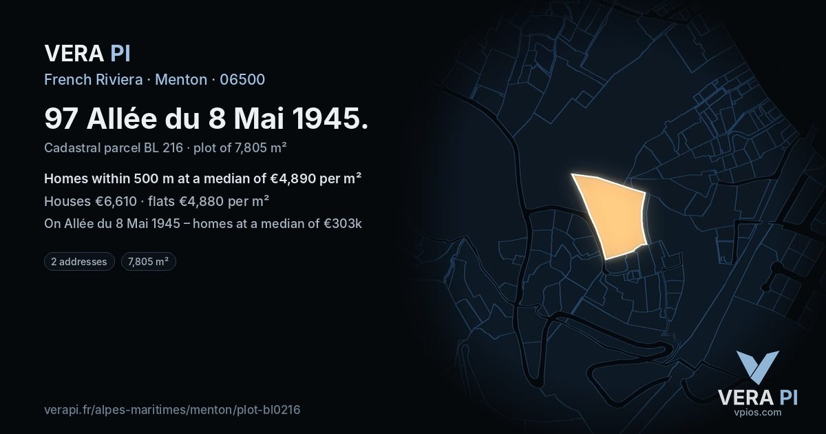 97 Allée du 8 Mai 1945, Menton at night – the plot lit, the parcels around coloured by the prices near them
