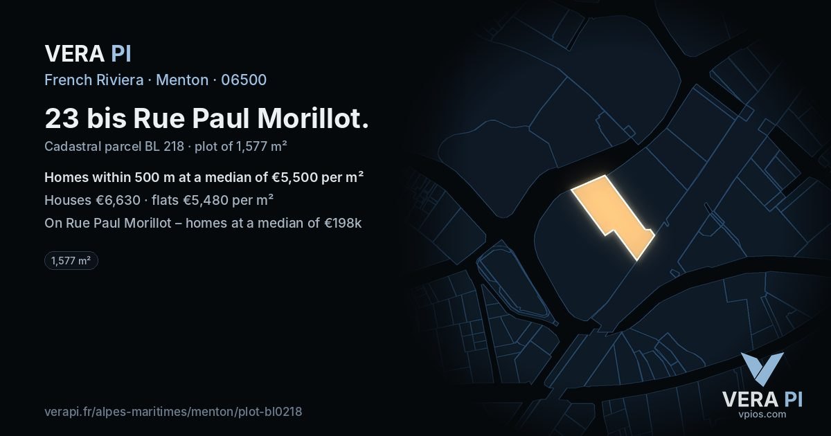 23 bis Rue Paul Morillot, Menton at night – the plot lit, the parcels around coloured by the prices near them
