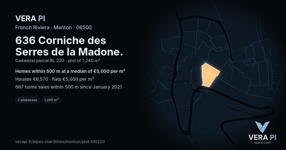 636 Corniche des Serres de la Madone, Menton at night – the plot lit, the parcels around coloured by the prices near them