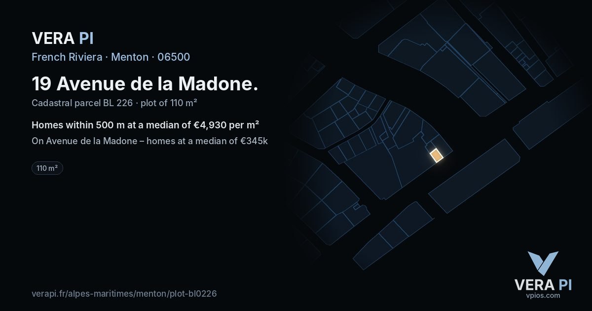19 Avenue de la Madone, Menton at night – the plot lit, the parcels around coloured by the prices near them
