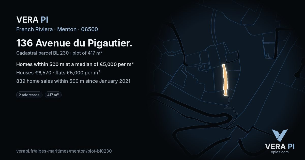 136 Avenue du Pigautier, Menton at night – the plot lit, the parcels around coloured by the prices near them