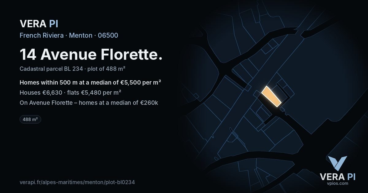 14 Avenue Florette, Menton at night – the plot lit, the parcels around coloured by the prices near them