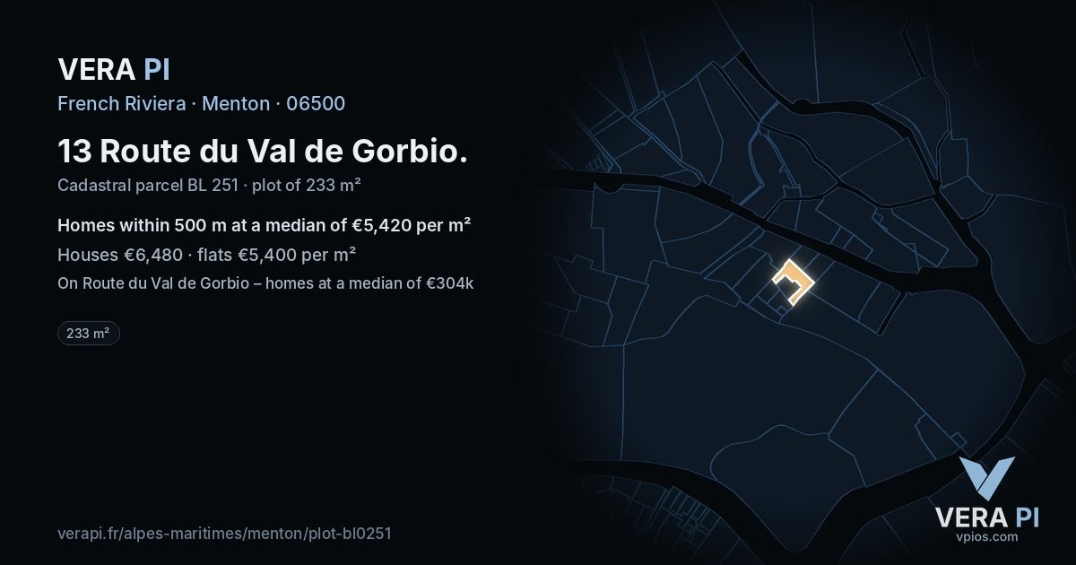 13 Route du Val de Gorbio, Menton at night – the plot lit, the parcels around coloured by the prices near them