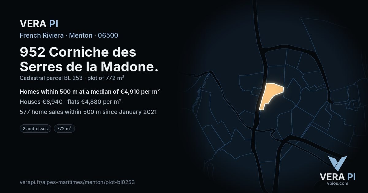 952 Corniche des Serres de la Madone, Menton at night – the plot lit, the parcels around coloured by the prices near them
