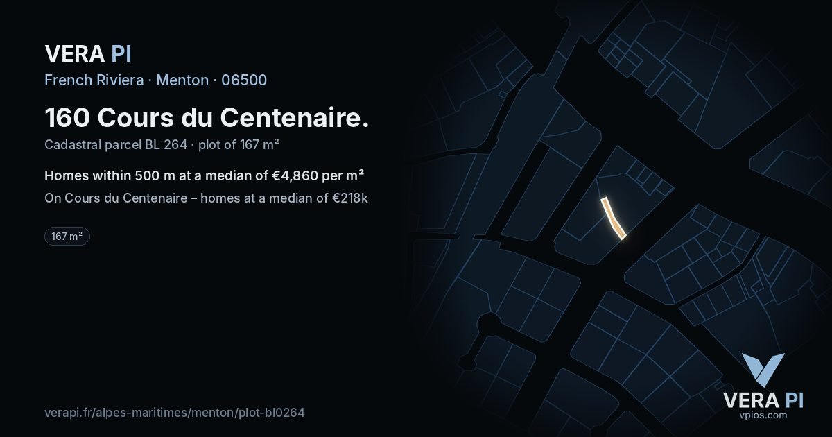 160 Cours du Centenaire, Menton at night – the plot lit, the parcels around coloured by the prices near them
