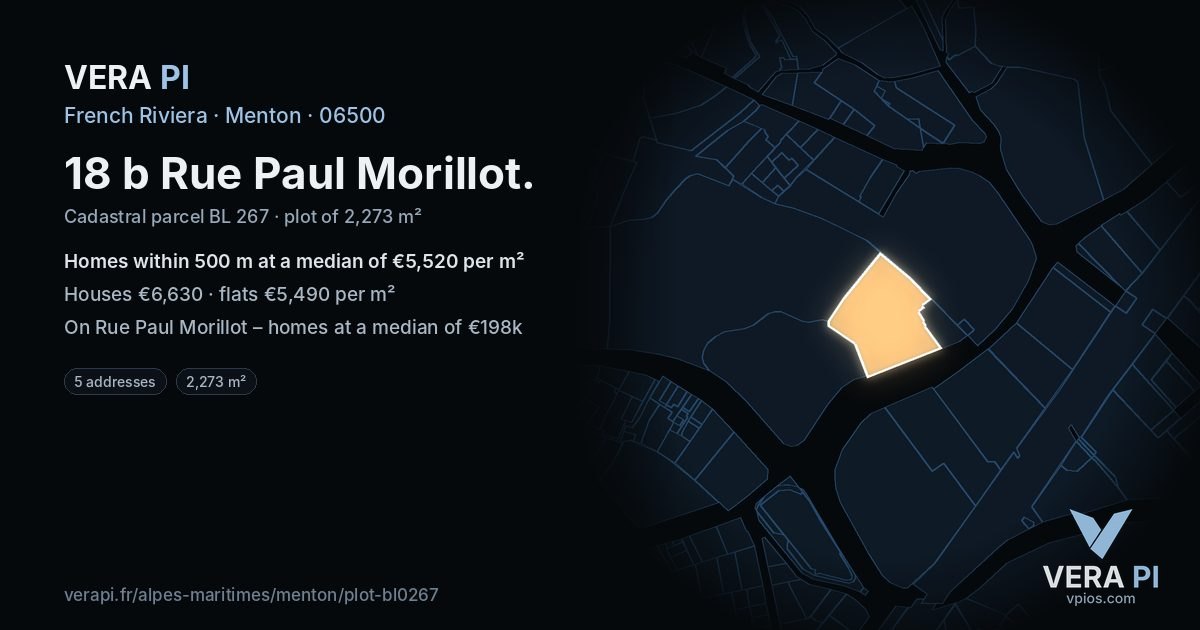 18 b Rue Paul Morillot, Menton at night – the plot lit, the parcels around coloured by the prices near them
