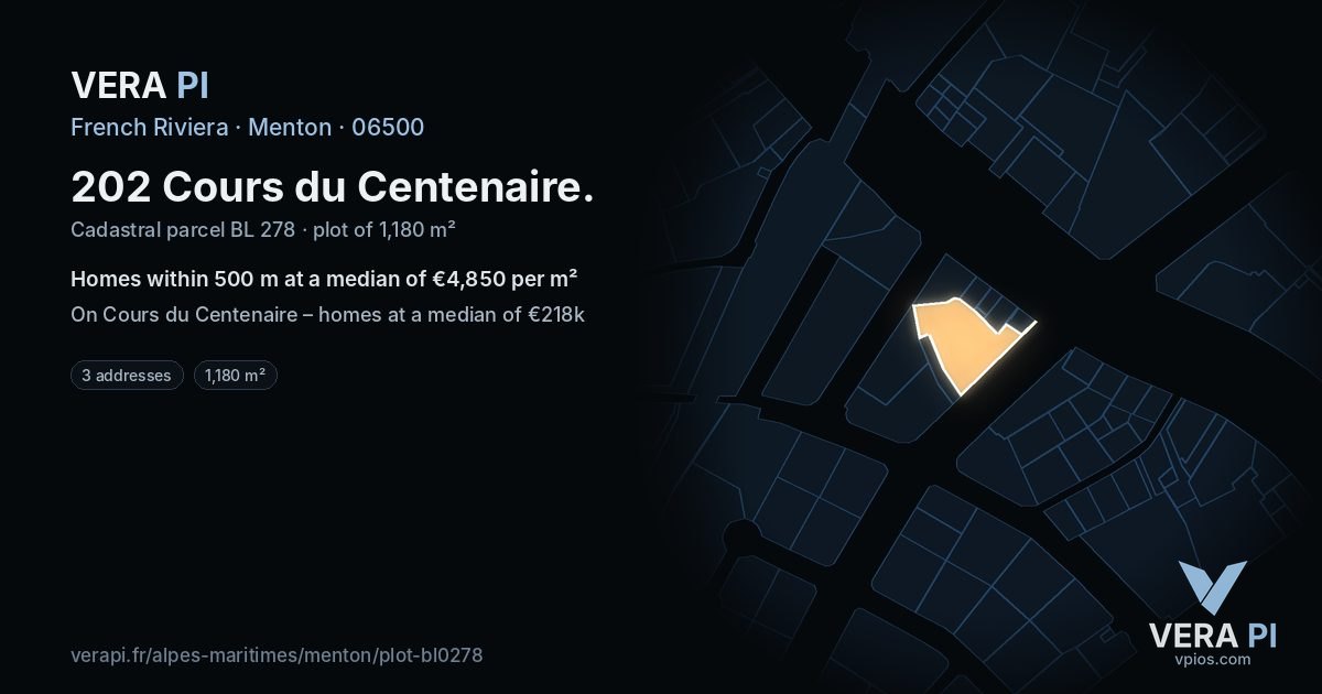202 Cours du Centenaire, Menton at night – the plot lit, the parcels around coloured by the prices near them