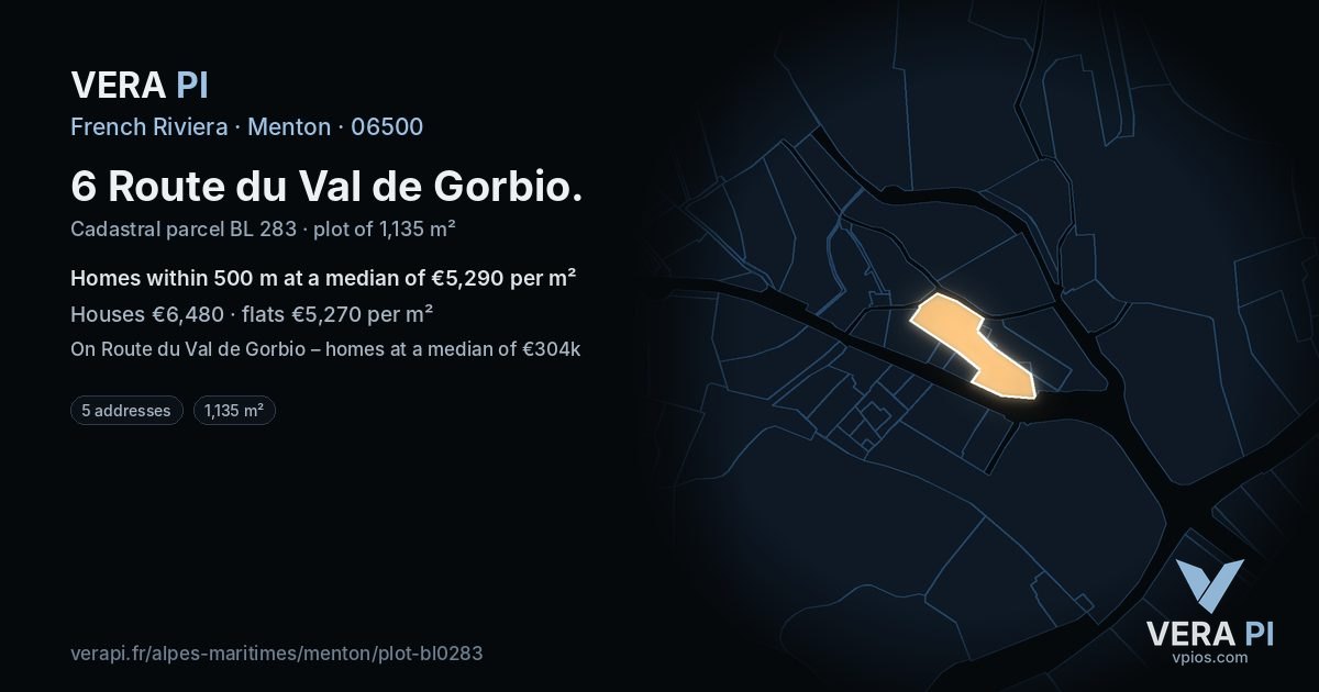 6 Route du Val de Gorbio, Menton at night – the plot lit, the parcels around coloured by the prices near them